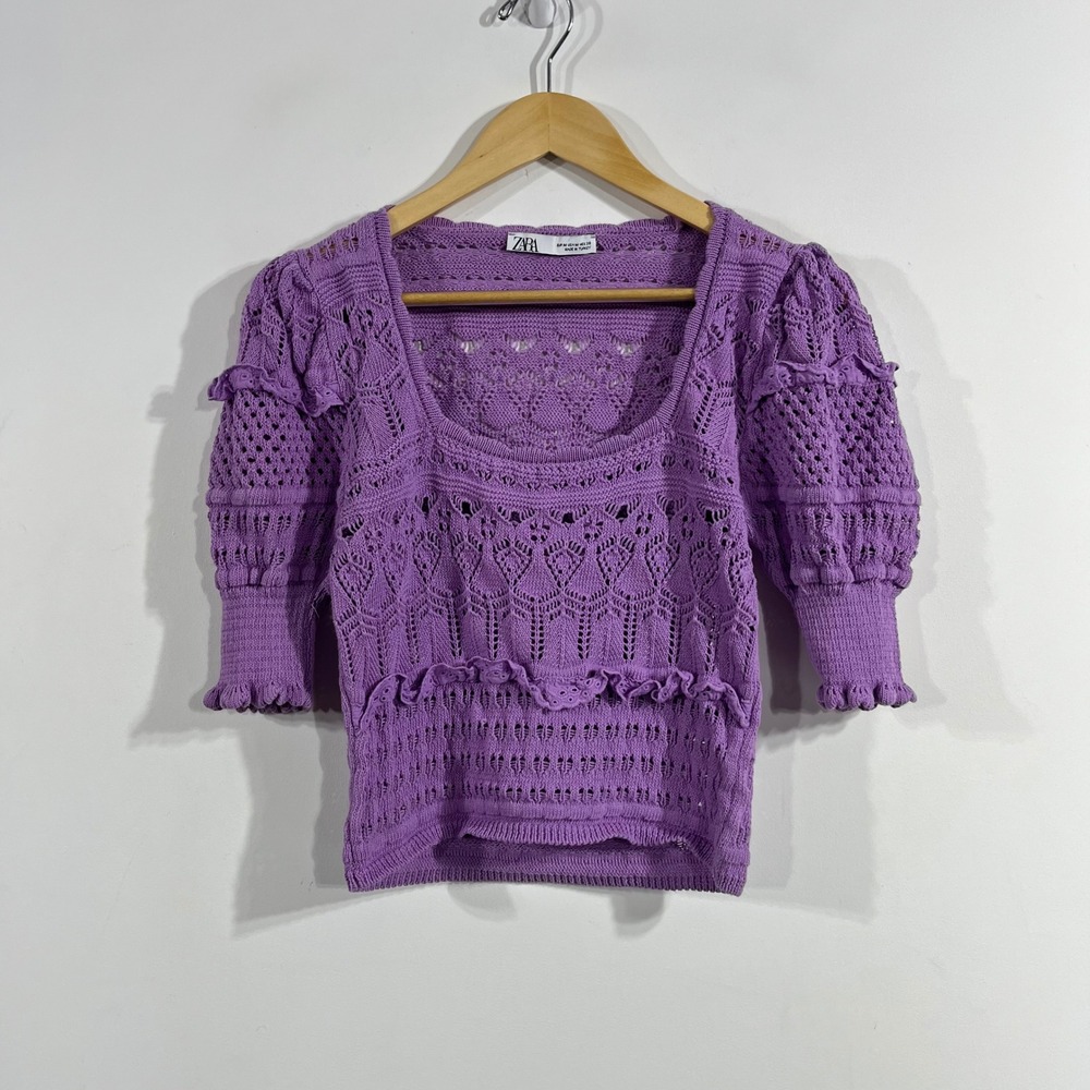 Zara Cottagecore Parisian Crochet Knit Ruffle Top Boho Pointelle Grany Medium